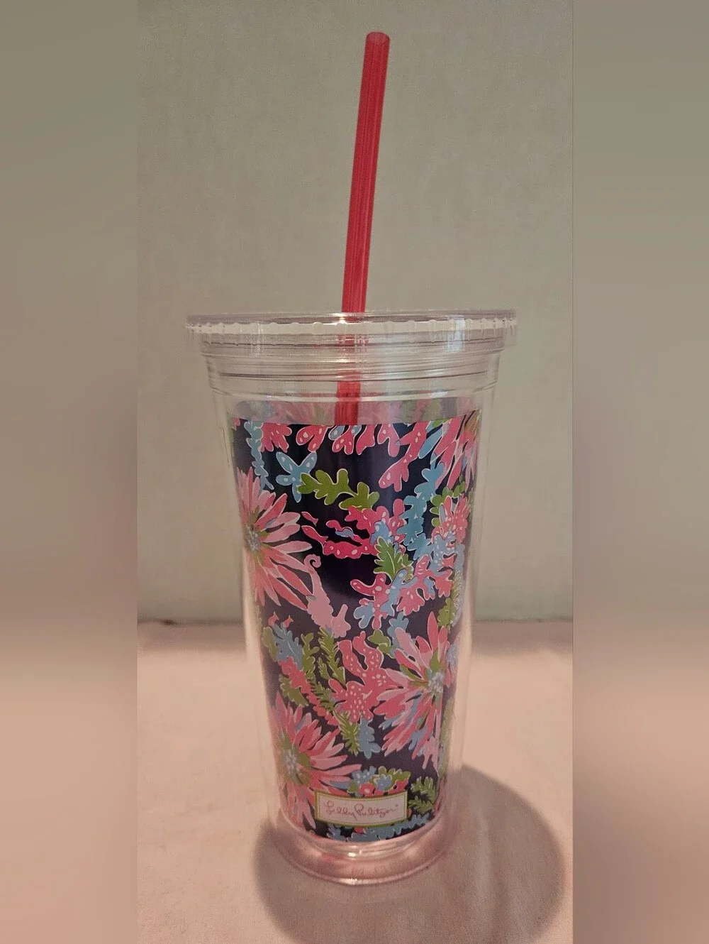 Lilly Pulitzer Navy Floral Tumbler with Pink Straw